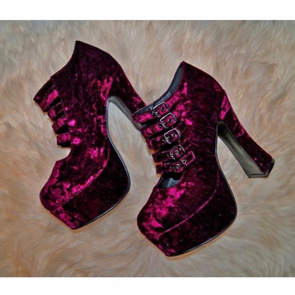 T.U.K. Burgundy Velvet Strappy Platform Heels